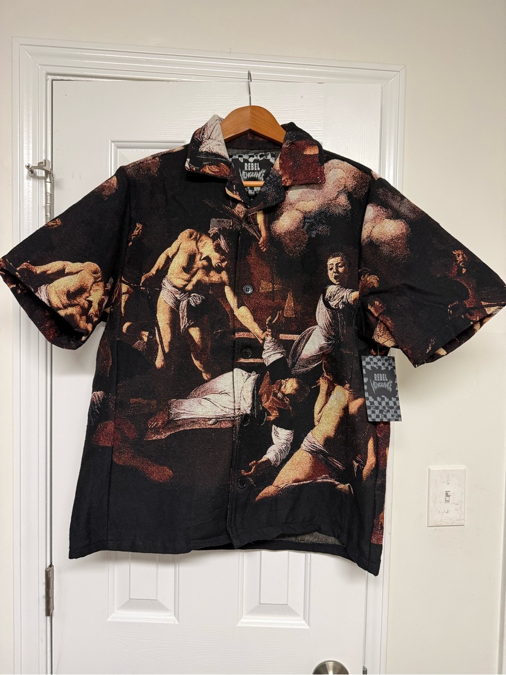 Rebel Vengeance Tapestry Camp Shirt Mens L Renaissance Art Short Sleeve Y2K NWT